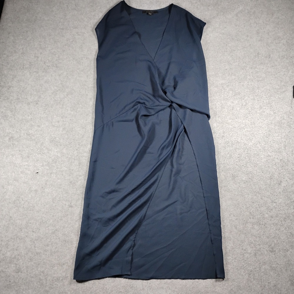 AllSaints Kelso Dress Navy Blue V-Neck Twist Front Draped Midi WD416H US 4